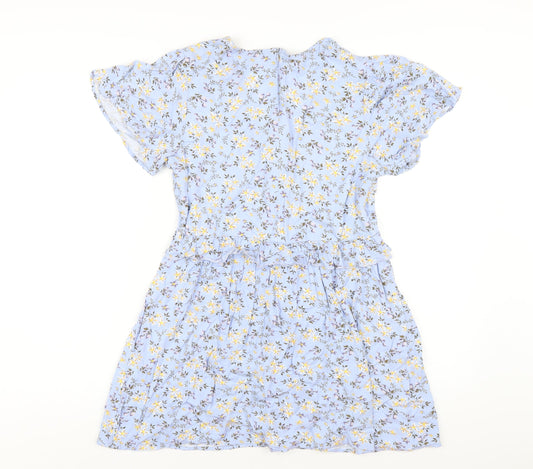 In the Style Womens Blue Floral Viscose A-Line Size 10 V-Neck Zip