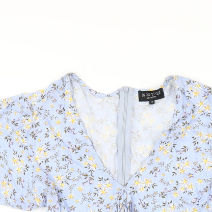 In the Style Womens Blue Floral Viscose A-Line Size 10 V-Neck Zip