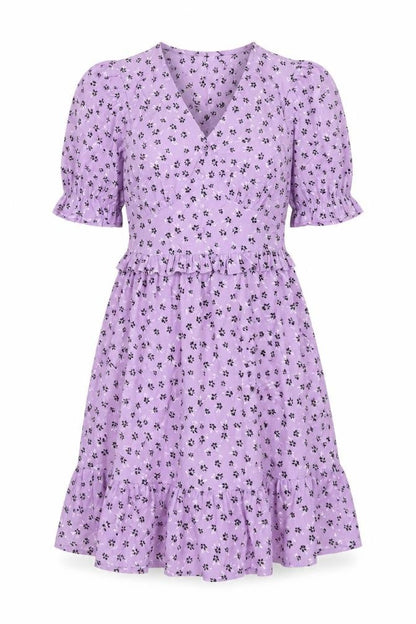 New Look Womens Purple Floral Polyester A-Line Size 6 V-Neck Zip
