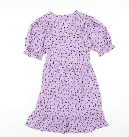 New Look Womens Purple Floral Polyester A-Line Size 6 V-Neck Zip