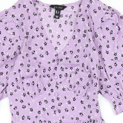 New Look Womens Purple Floral Polyester A-Line Size 6 V-Neck Zip