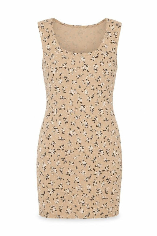 Front view of I SAW IT FIRST women’s beige geometric polyester mini, size UK 12, scoop neck pullover