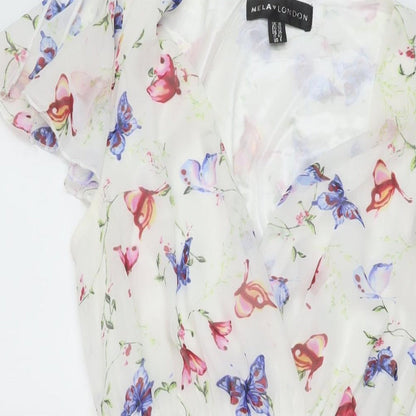 Mela London Womens White Geometric Polyester A-Line Size 10 V-Neck Pullover