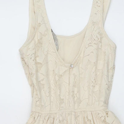 Zara Womens Beige Polyester Skater Dress Size S Round Neck Button