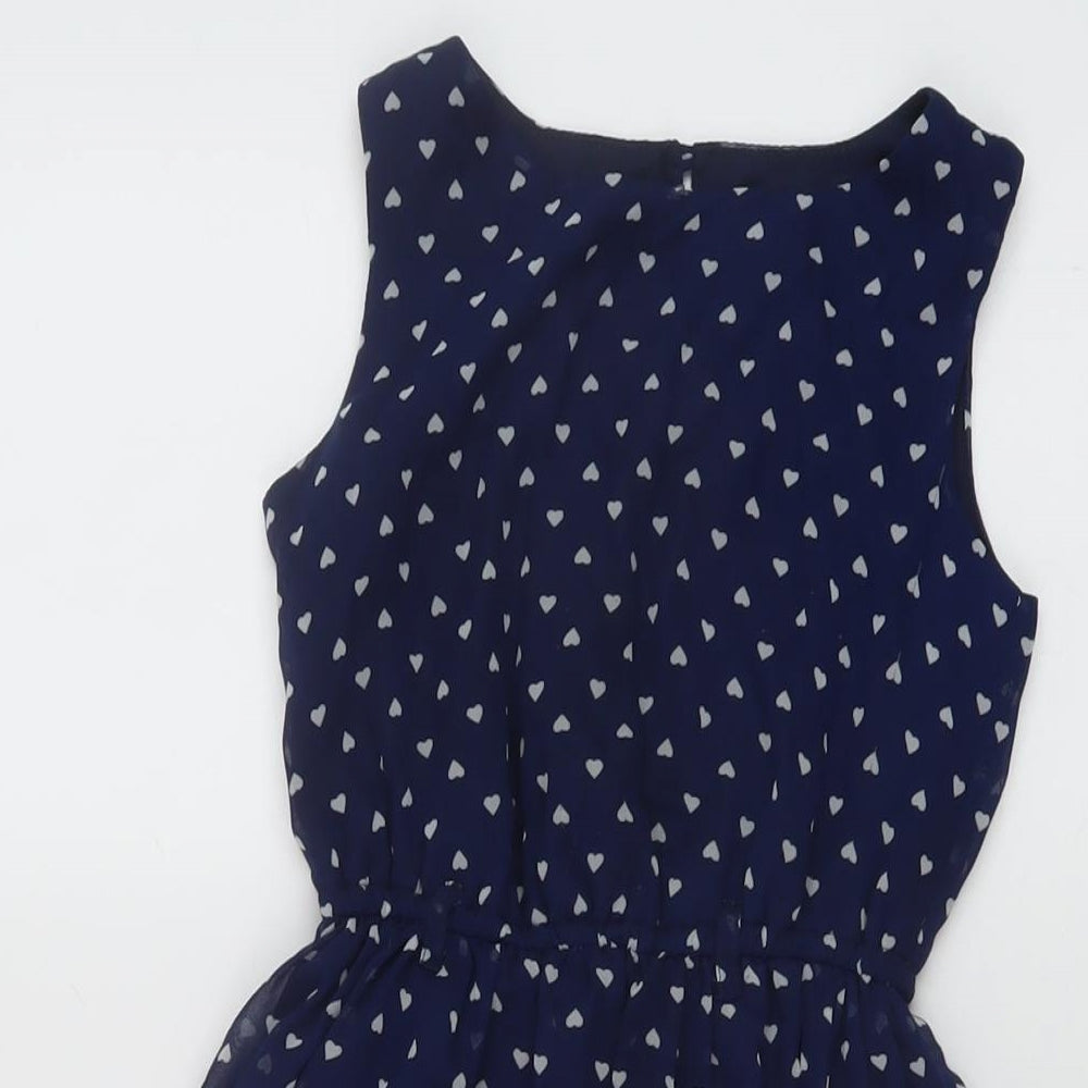 Blue Zoo Girls Blue Geometric Polyester Skater Dress Size 7 Years Round Neck Button