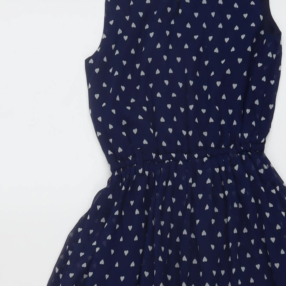 Blue Zoo Girls Blue Geometric Polyester Skater Dress Size 7 Years Round Neck Button