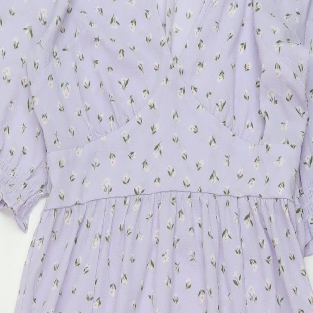 Monki Womens Purple Floral Polyester A-Line Size 6 V-Neck Pullover