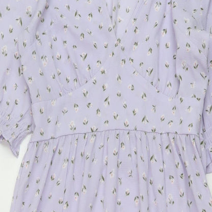 Monki Womens Purple Floral Polyester A-Line Size 6 V-Neck Pullover