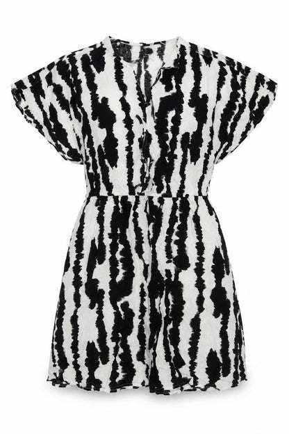 Marks and Spencer Womens Black Geometric Linen A-Line Size 14 V-Neck Pullover
