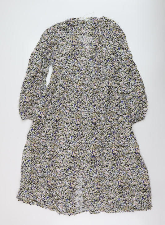 Marks and Spencer Womens Multicoloured Floral Viscose A-Line Size 10 V-Neck Button