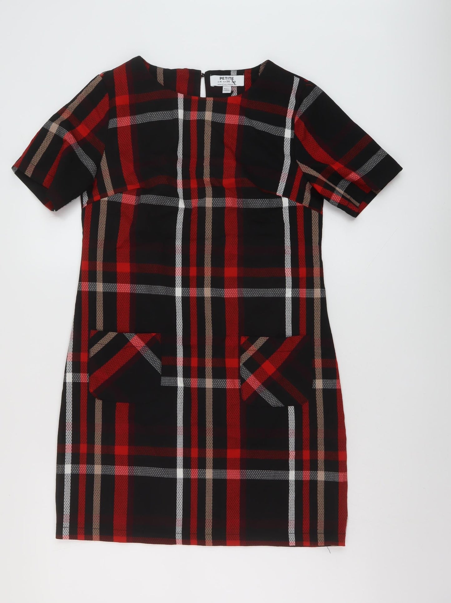 Dorothy Perkins Womens Black Plaid Polyester Mini Size 8 Round Neck Button