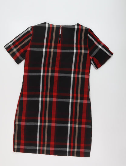 Dorothy Perkins Womens Black Plaid Polyester Mini Size 8 Round Neck Button