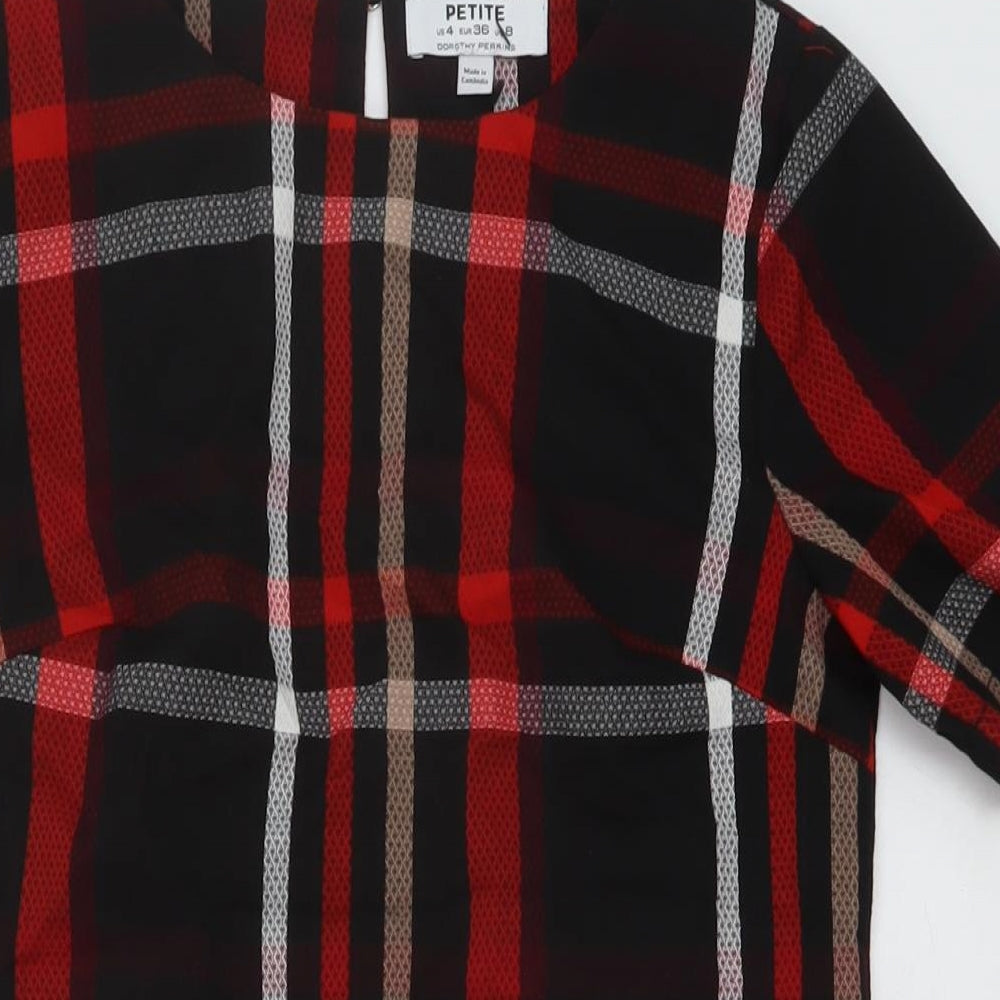 Dorothy Perkins Womens Black Plaid Polyester Mini Size 8 Round Neck Button