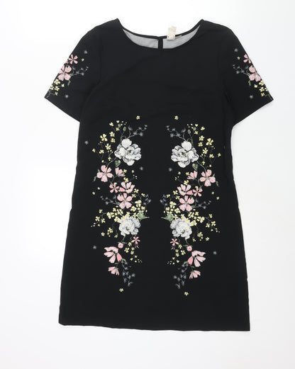 Divided by H&M Womens Black Polyester Shift Size 8 Round Neck Button - Floral Print