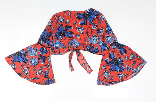 Boohoo Womens Red Floral Polyester Cropped Blouse Size 10 V-Neck - Bell Sleeve