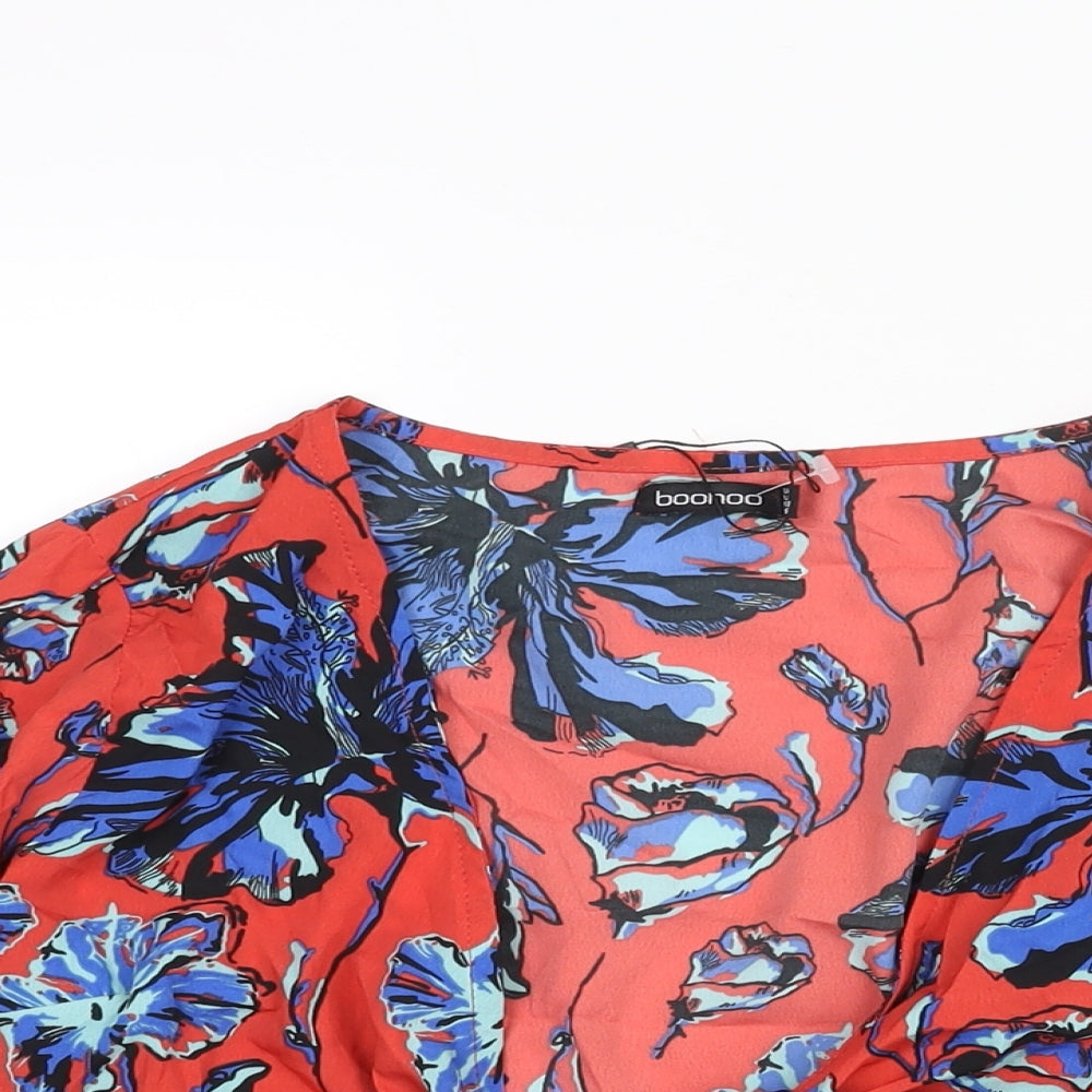 Boohoo Womens Red Floral Polyester Cropped Blouse Size 10 V-Neck - Bell Sleeve
