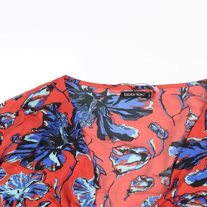 Boohoo Womens Red Floral Polyester Cropped Blouse Size 10 V-Neck - Bell Sleeve