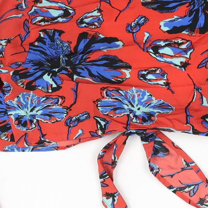 Boohoo Womens Red Floral Polyester Cropped Blouse Size 10 V-Neck - Bell Sleeve