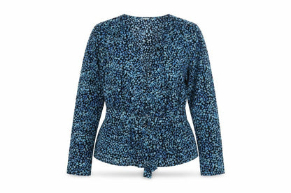 Only Womens Blue Geometric Polyester Basic Blouse Size 10 V-Neck - Belted Peplum