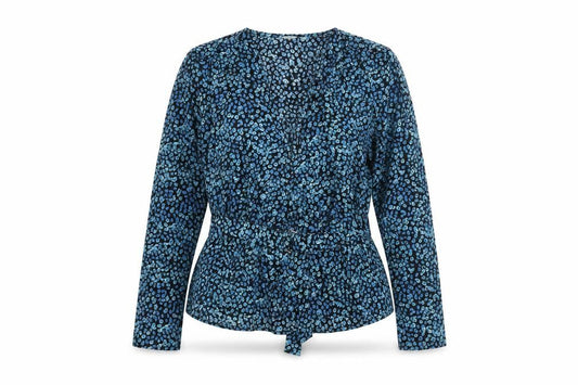 Only Womens Blue Geometric Polyester Basic Blouse Size 10 V-Neck - Belted Peplum