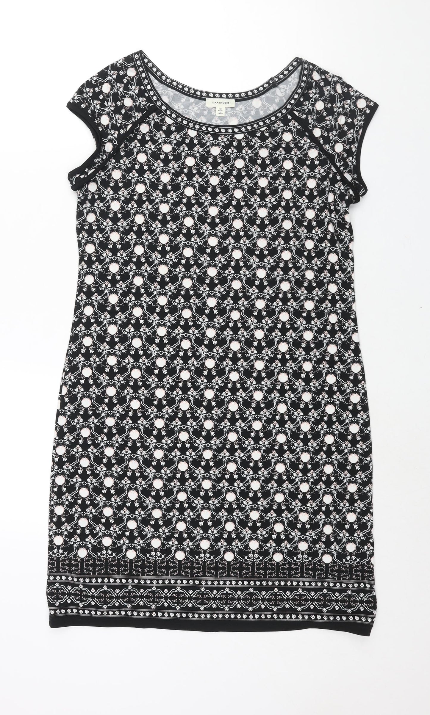 Max Studio Womens Black Geometric Polyester Sheath Size M Round Neck Pullover