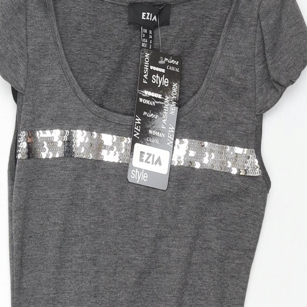 Ezia Womens Grey Polyester Mini Size 8 Round Neck Pullover - Sequin