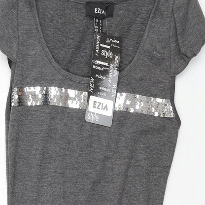 Ezia Womens Grey Polyester Mini Size 8 Round Neck Pullover - Sequin
