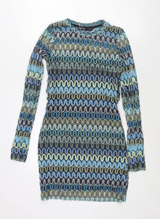 Bershka Womens Multicoloured Geometric Polyester Bodycon Size M Round Neck Pullover - Lace Up Sides