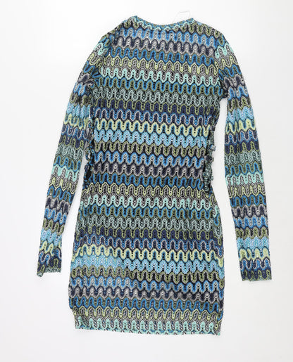 Bershka Womens Multicoloured Geometric Polyester Bodycon Size M Round Neck Pullover - Lace Up Sides
