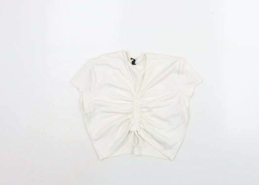 Divided by H&M Womens Ivory Polyester Cropped Blouse Size M V-Neck - Drawstring Detail