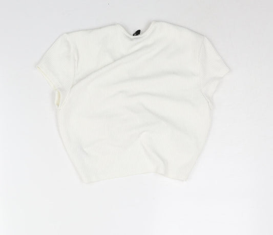 Divided by H&M Womens Ivory Polyester Cropped Blouse Size M V-Neck - Drawstring Detail