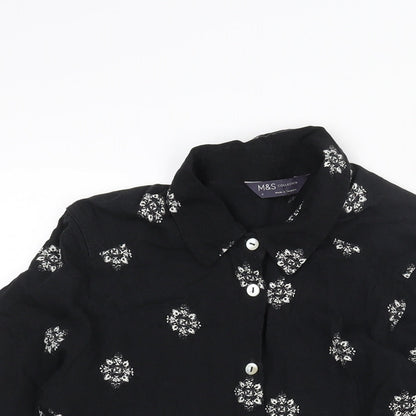 Marks and Spencer Womens Black Geometric Viscose Basic Button-Up Size 8 Collared