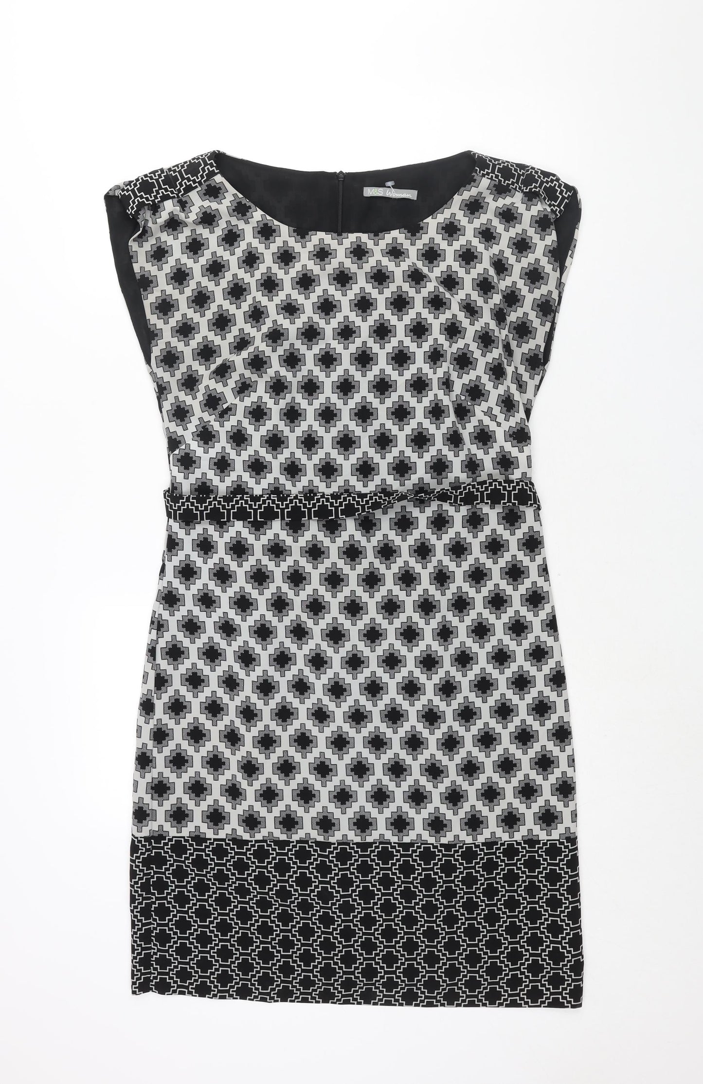 Marks and Spencer Womens Black Geometric Polyester Shift Size 10 Round Neck Zip - Belted