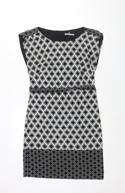 Marks and Spencer Womens Black Geometric Polyester Shift Size 10 Round Neck Zip - Belted