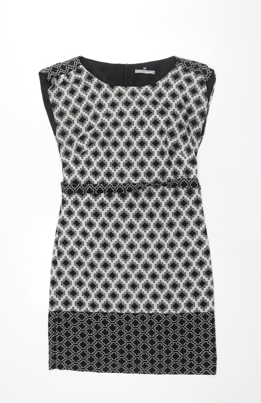 Marks and Spencer Womens Black Geometric Polyester Shift Size 10 Round Neck Zip - Belted