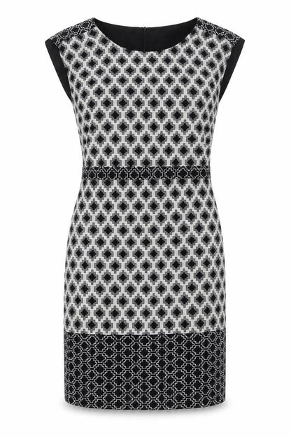 Marks and Spencer Womens Black Geometric Polyester Shift Size 10 Round Neck Zip - Belted