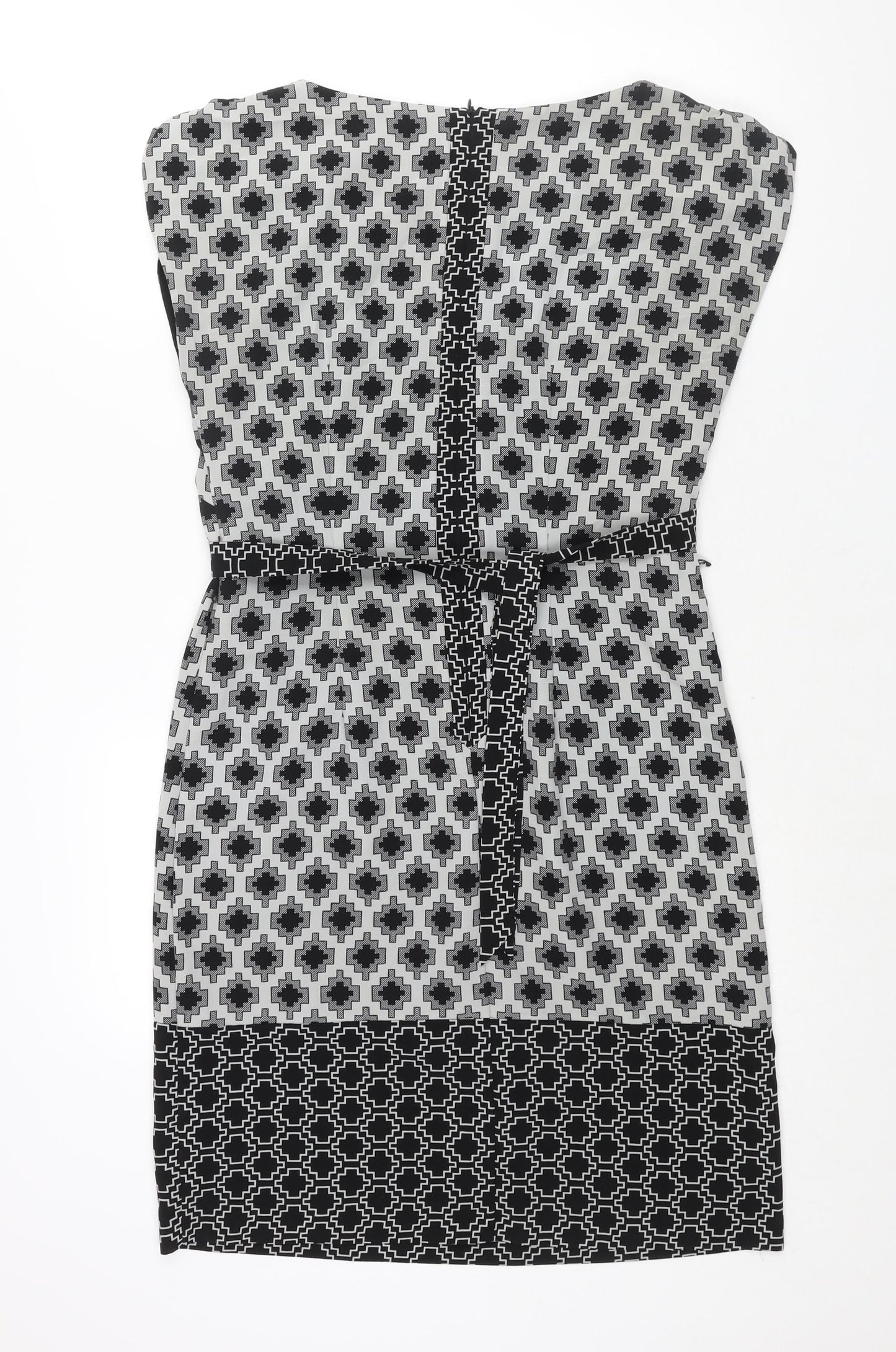 Marks and Spencer Womens Black Geometric Polyester Shift Size 10 Round Neck Zip - Belted
