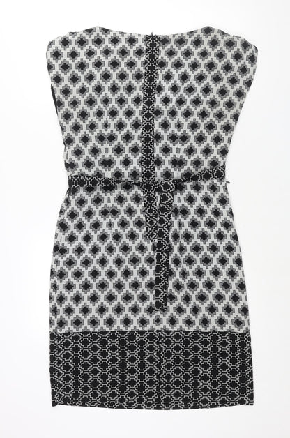 Marks and Spencer Womens Black Geometric Polyester Shift Size 10 Round Neck Zip - Belted