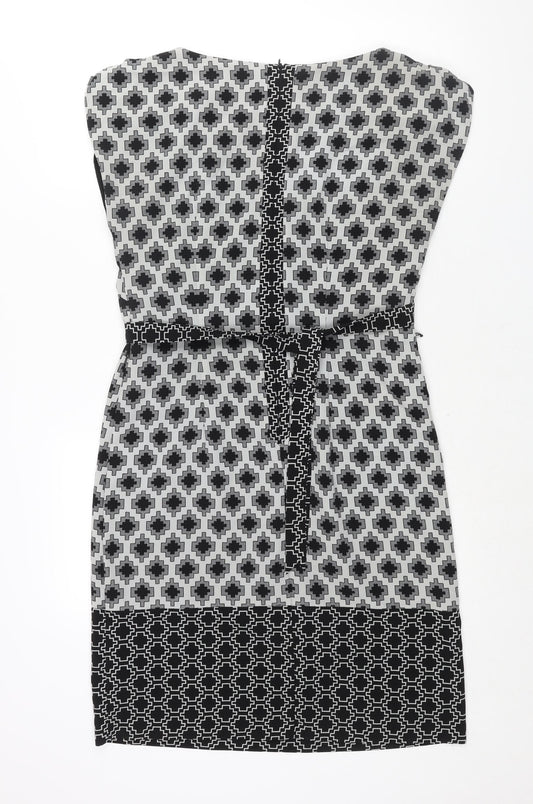 Marks and Spencer Womens Black Geometric Polyester Shift Size 10 Round Neck Zip - Belted