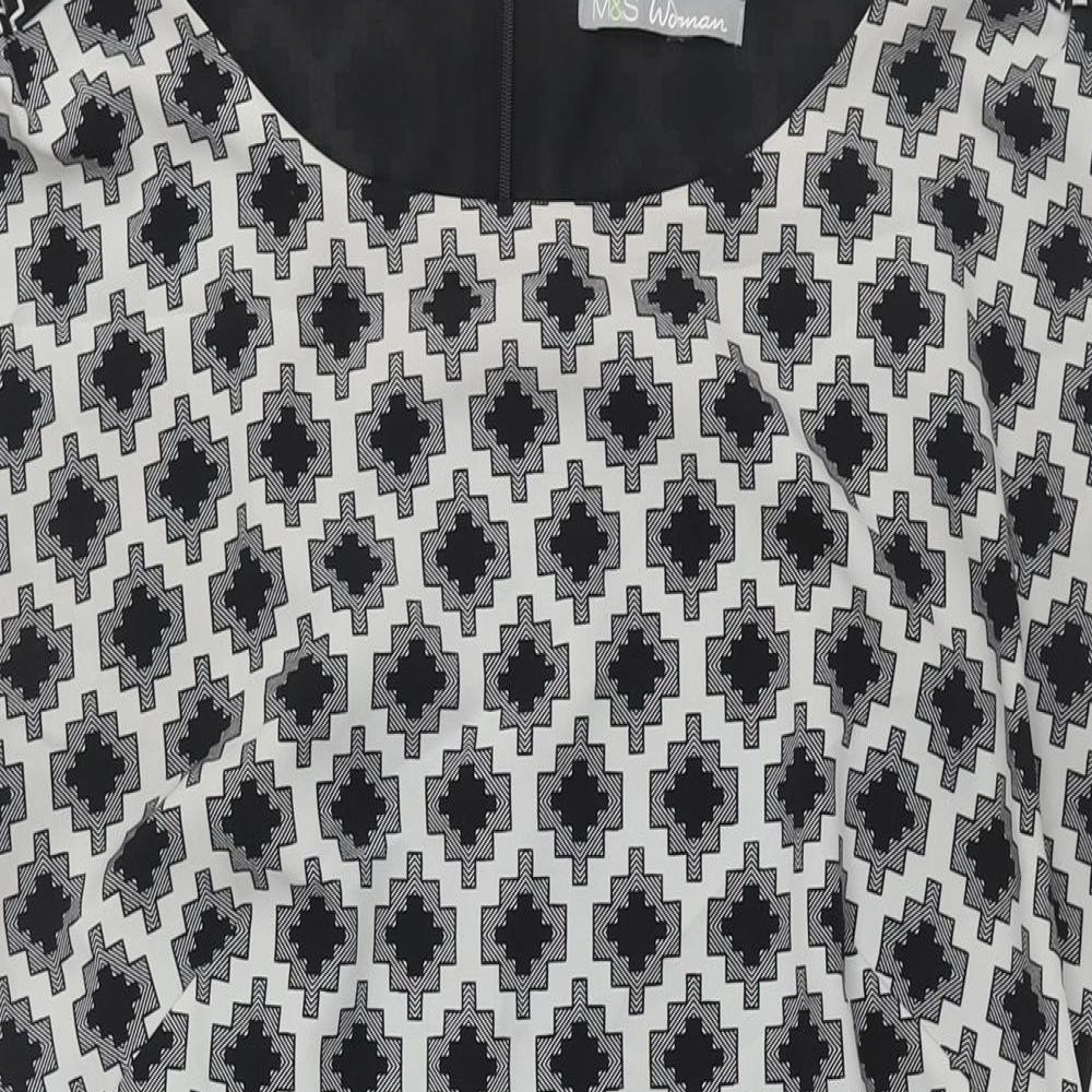 Marks and Spencer Womens Black Geometric Polyester Shift Size 10 Round Neck Zip - Belted