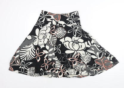 H&M Womens Black Floral Linen Flare Skirt Size 6 Zip
