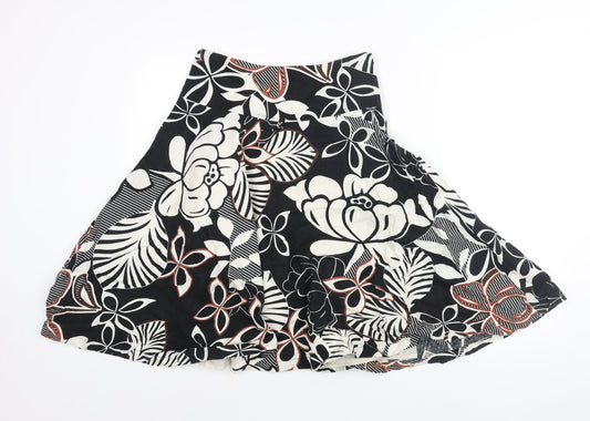 H&M Womens Black Floral Linen Flare Skirt Size 6 Zip