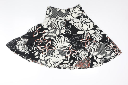 H&M Womens Black Floral Linen Flare Skirt Size 6 Zip