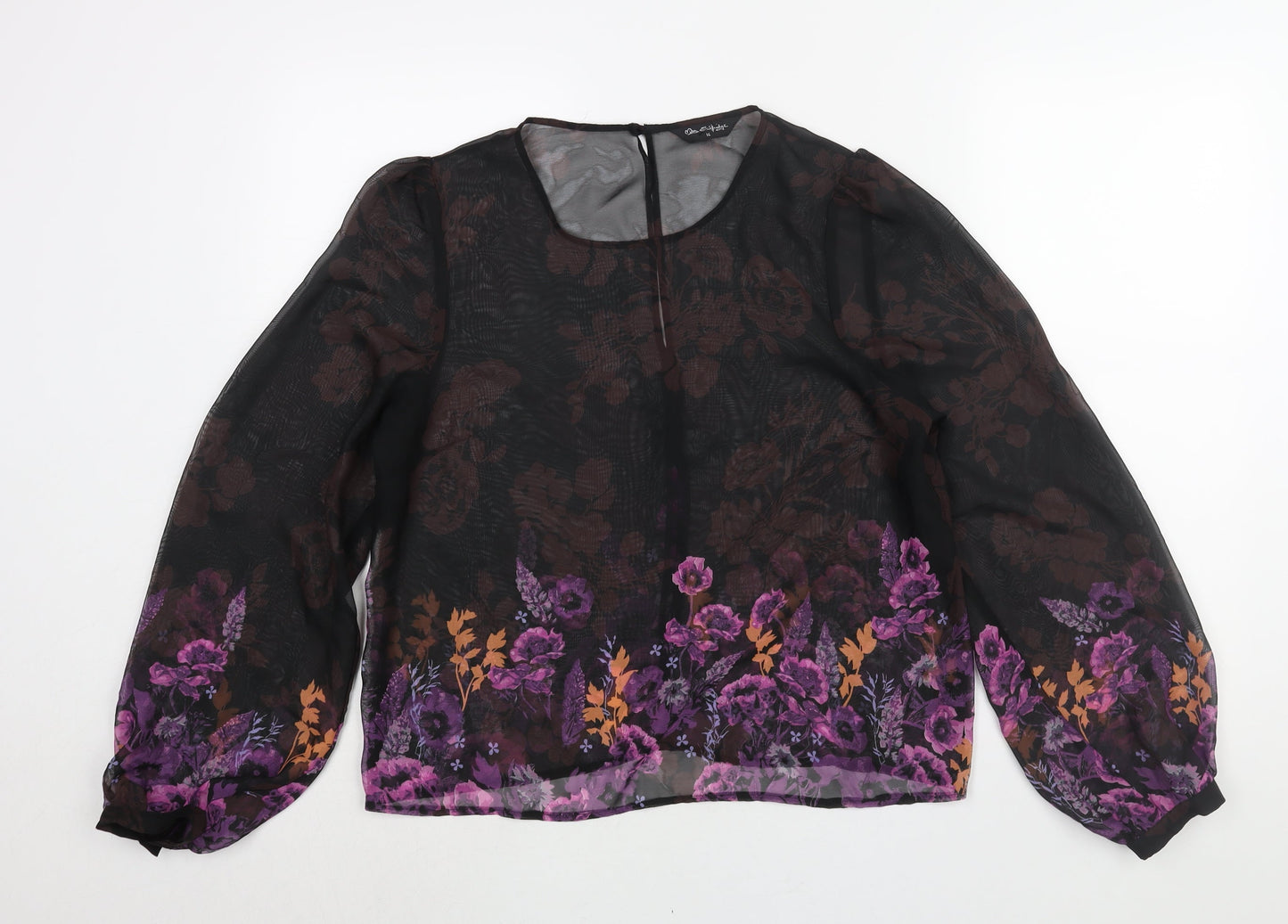 Miss Selfridge Womens Black Floral Polyester Basic Blouse Size 14 Round Neck - Semi Sheer