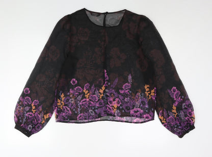 Miss Selfridge Womens Black Floral Polyester Basic Blouse Size 14 Round Neck - Semi Sheer