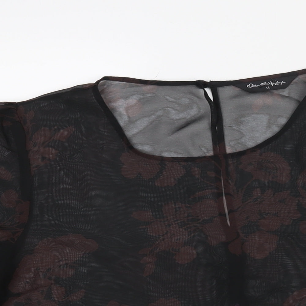 Miss Selfridge Womens Black Floral Polyester Basic Blouse Size 14 Round Neck - Semi Sheer