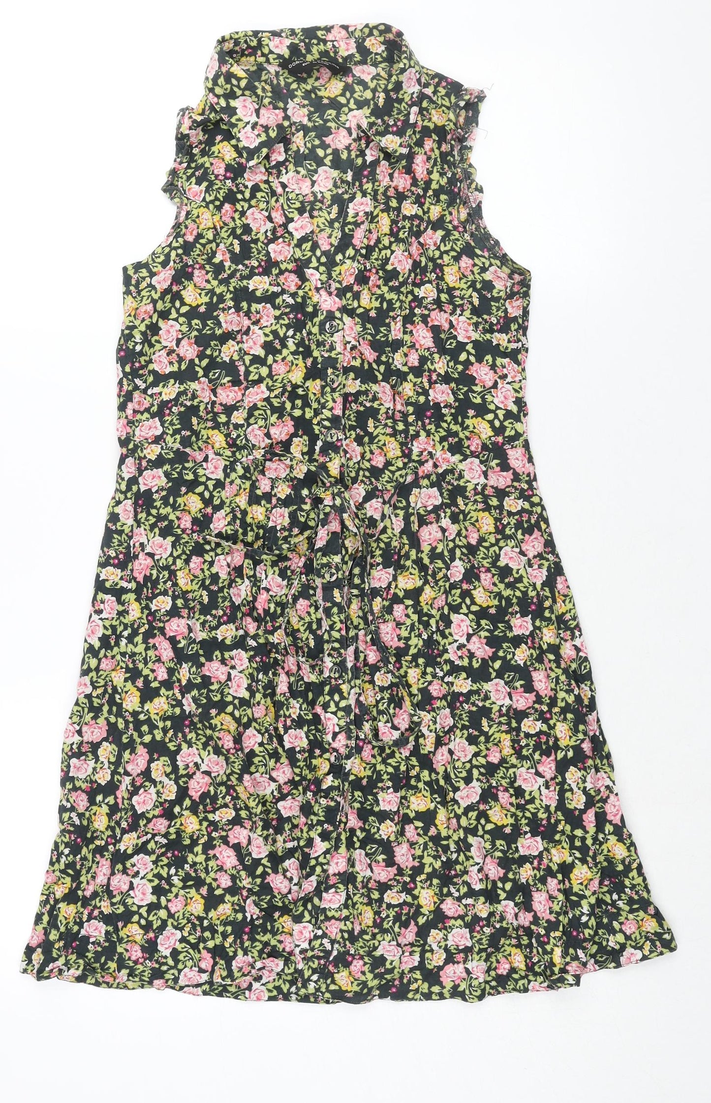Dorothy Perkins Womens Multicoloured Floral Cotton A-Line Size 8 Collared Button - Belted Sequin Detail