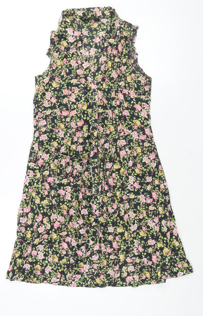 Dorothy Perkins Womens Multicoloured Floral Cotton A-Line Size 8 Collared Button - Belted Sequin Detail