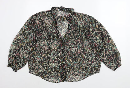 Zara Womens Multicoloured Geometric Polyester Basic Blouse Size M V-Neck - Semi Sheer