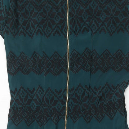 Closet Womens Green Geometric Polyester Sheath Size 12 V-Neck Zip - Pleat Detail